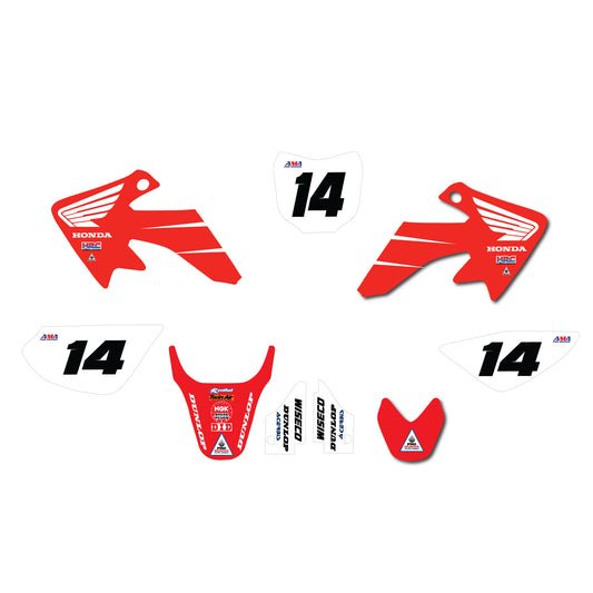 A collection of Honda CRF50 motocross graphics kits including decals for the front, rear, and sides of the bike, along with rider number and name.