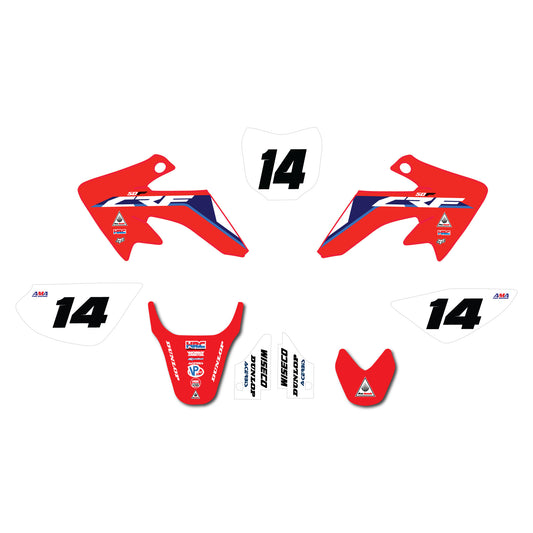 A set of Honda CRF50 motocross graphics kit decals including number 14, featuring a red, white, and black color scheme.