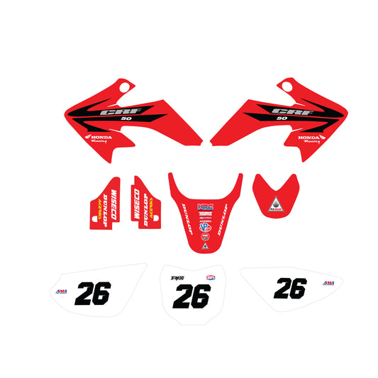 A set of red and white Honda CRF50 motocross graphics kit decals including shroud, fender, fork guard, and number plate designs.
