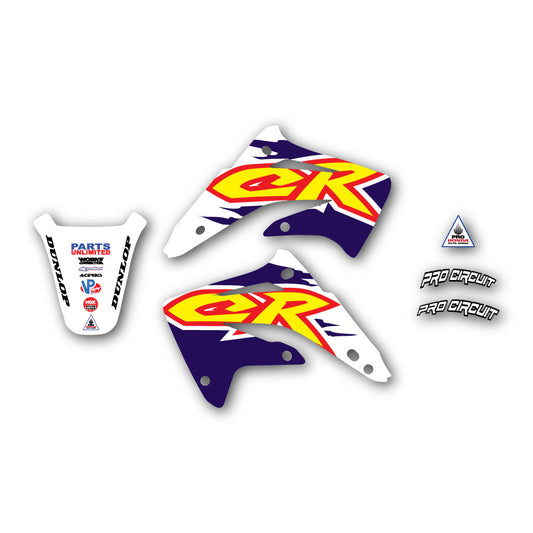 A set of Honda CR85 motocross bike graphics, including left and right shroud decals, front and rear fender decals, with a visible 'CR' logo in red, white, and purple colors.