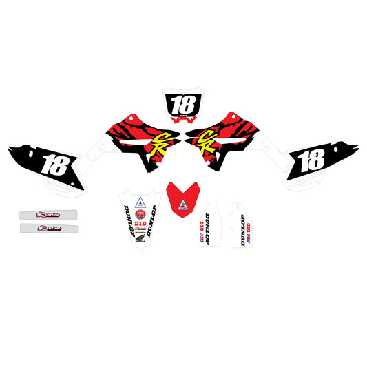 A set of motocross graphics kit including decals for a Honda motorcycle, with a predominantly black, red, and yellow color scheme, along with the Honda logo and a rider's name and number.