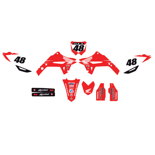 A collection of red and black Honda motorcycle graphics kit decals, including rider name and number, front and rear fender, fork guard, and number plate decals.