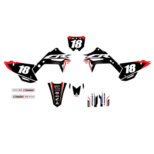 A set of black, red, and white graphic decals for Honda motorcycles, including various parts like shrouds, fenders, and number plates.