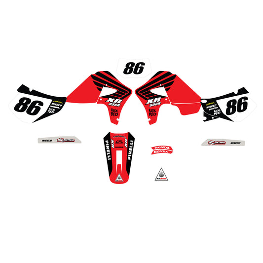A set of Honda XR650R motocross graphics including decals for the tank, shroud, fender, and number plate, featuring the number 86 and the Honda logo.
