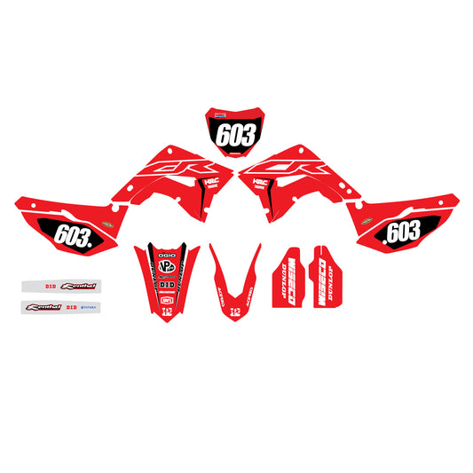 A set of red and white Honda motorcycle graphics kit, including decals for the front and rear fender, shroud, number plate, and swing arm.