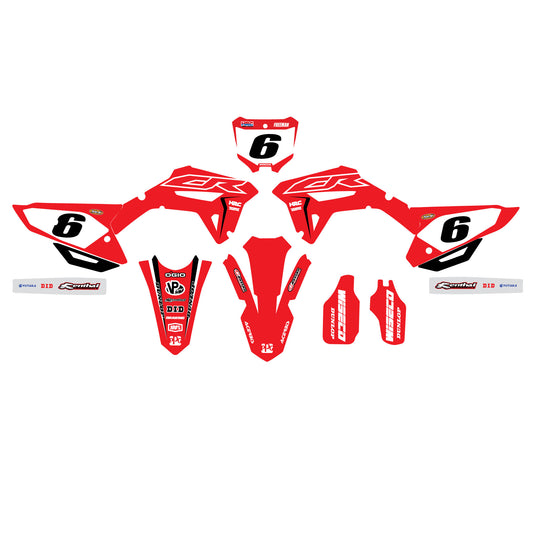 A collection of red and white Honda motorcycle graphics including rider name and number decals, front and rear fender decals, and swing arm decals.