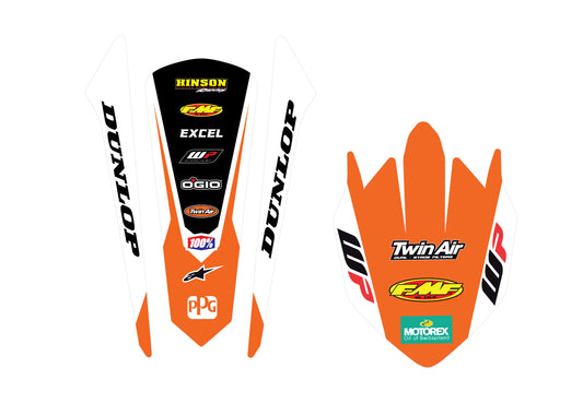 KTM motorcycle fender graphics featuring orange, black, and white colors with brand logos and sponsor decals.