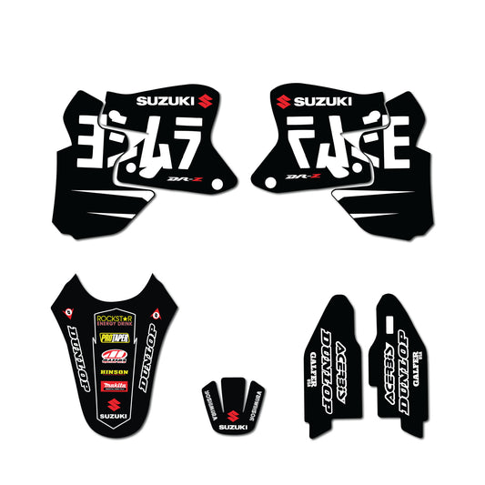 A set of Suzuki branded graphics for a motorcycle, including decals for the tank, fender, and other parts, with a predominantly black color scheme and the Suzuki logo.