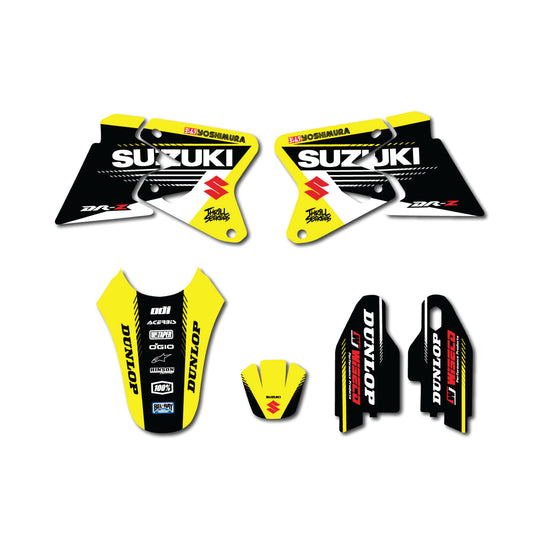 A set of Suzuki branded graphics for a motorcycle, including decals for the tank, fender, and other parts, with a prominent yellow and black color scheme.