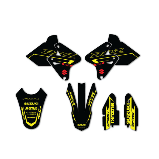 A set of Suzuki motorcycle graphics including shroud decals, tank decals, fender decals, and fork guard decals, predominantly in black with yellow and white accents.