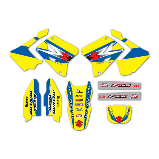A set of Suzuki motorcycle graphics including decals for the shroud, tank, fender, fork guard, and swing arm, with a predominantly yellow and blue color scheme.