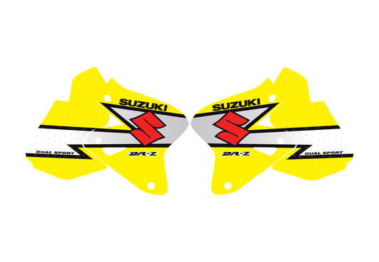 Two yellow Suzuki decals with red and black logos on a white background