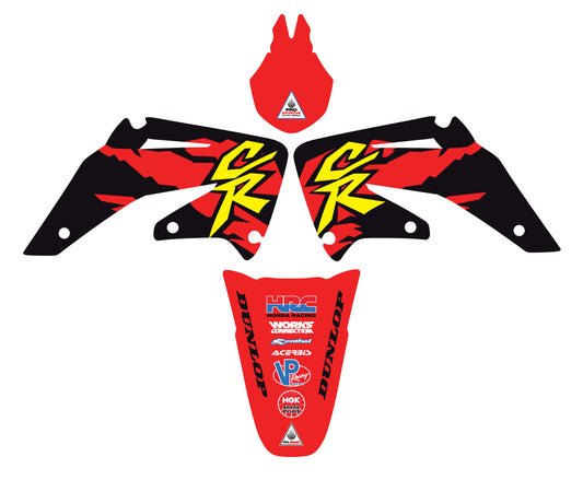 A set of red, black, and white graphic decals for Honda CRF450 motorcycle including left and right shroud decals and front and rear fender decals.