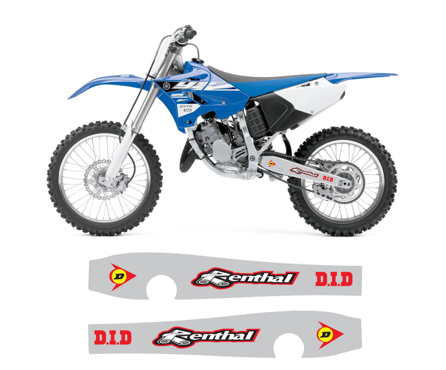 A set of blue and white Yamaha swingarm graphics for a motocross bike, including left and right side panels with the brand and model information.