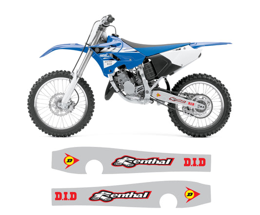 A set of blue and white Yamaha swingarm graphics for a motocross bike, including left and right side panels with the brand and model information.