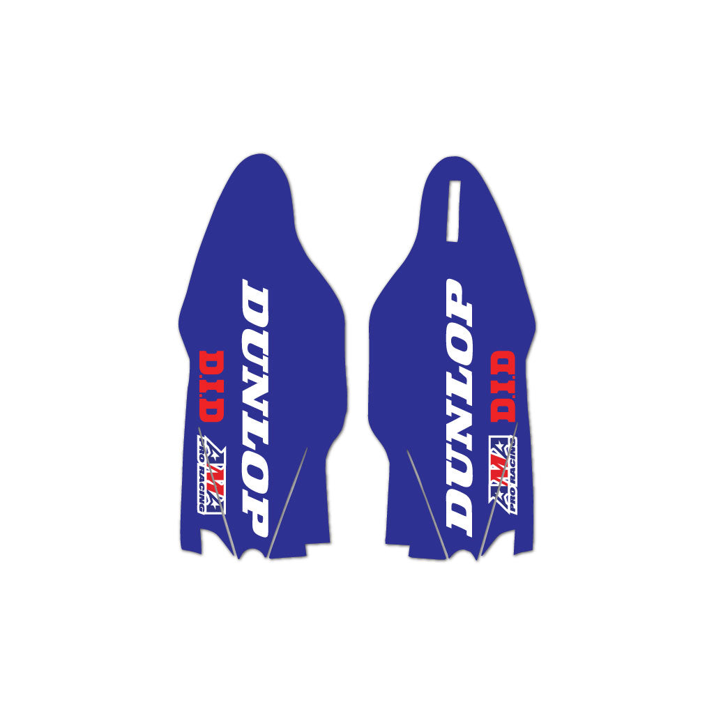 A pair of blue, red, and white fork guards with 'DUNLOP' branding for Yamaha motorcycles.