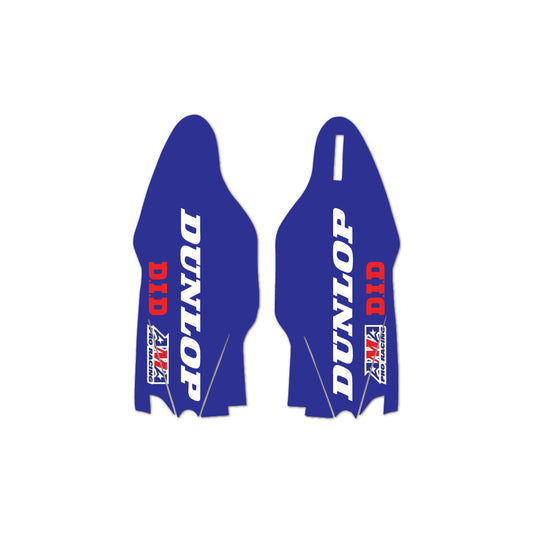 A pair of blue, red, and white fork guards with 'DUNLOP' branding for Yamaha motorcycles.