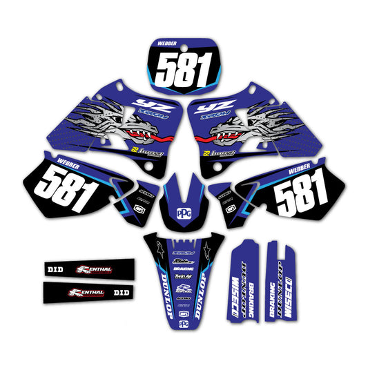 A collection of motocross decals and graphics for Yamaha vehicles, including rider name and number, left and right shroud decals, front and rear fender decals, fork guard decals, front and rear number plate decals, and swing arm decals.