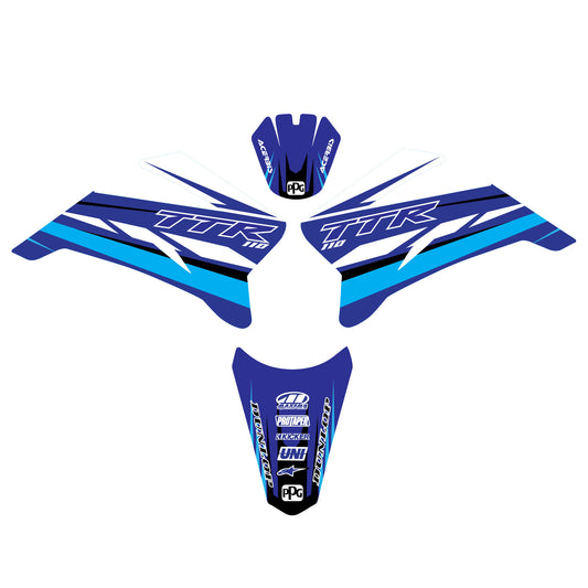 A set of blue, black, and white graphic decal stickers for a Yamaha TTR110 motocross bike, including left and right shroud decals and front and rear fender decals.
