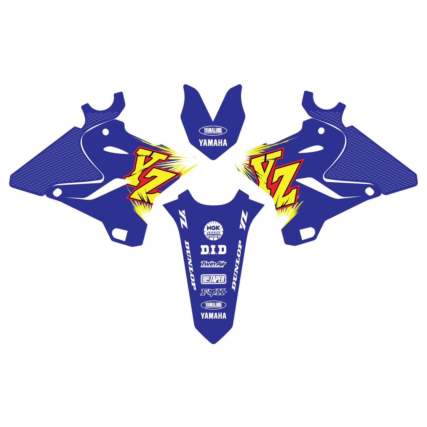 A set of blue Yamaha motorcycle decals for YZ125 and YZ250 models, including shroud and fender decals with Yamaha branding and graphics.