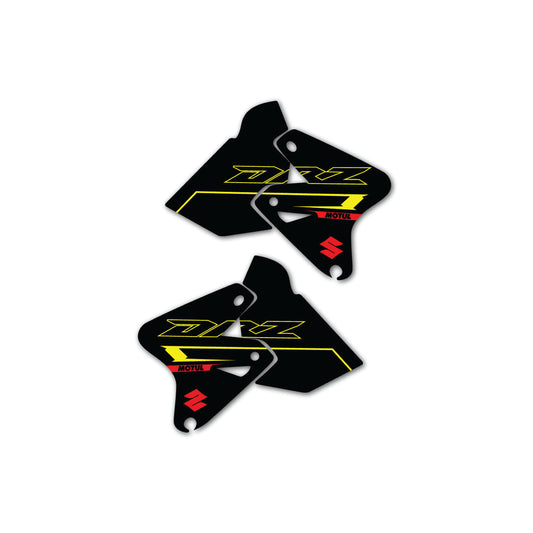 A set of black, yellow, and red Suzuki DRZ400 motorcycle shroud decals.